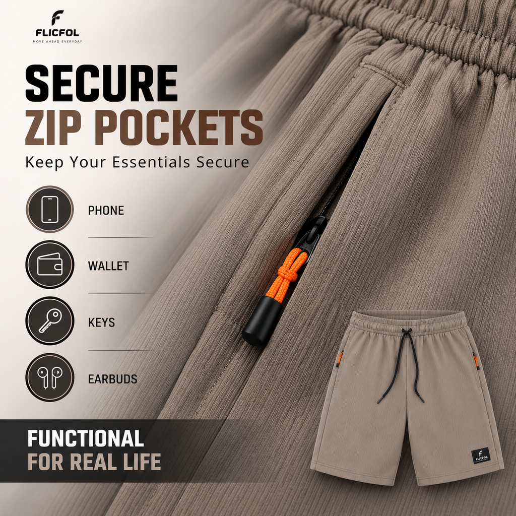 FLICFOL Men Cream Shorts with Zipper Pockets