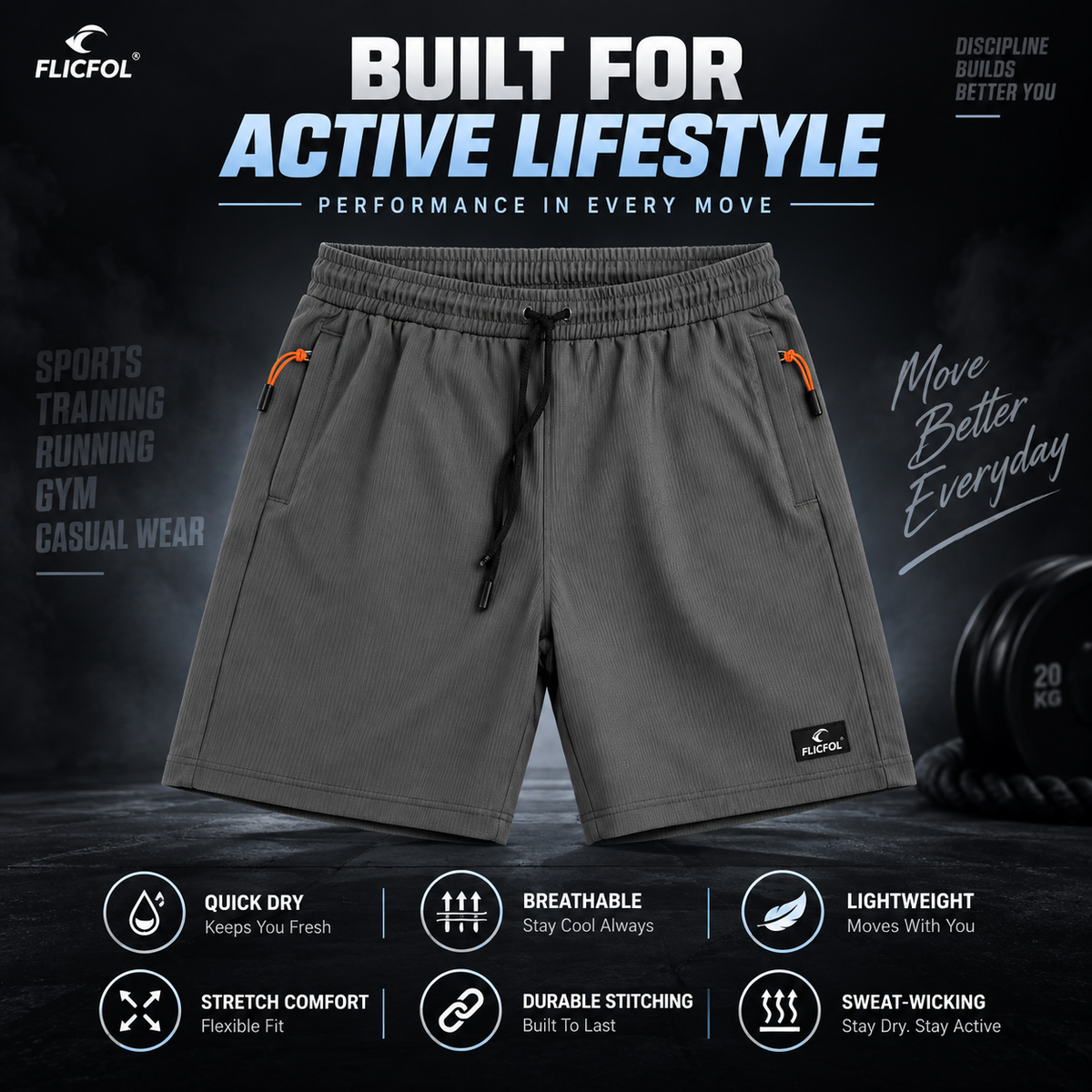 FLICFOL Men Darkgrey Shorts with Zipper Pockets