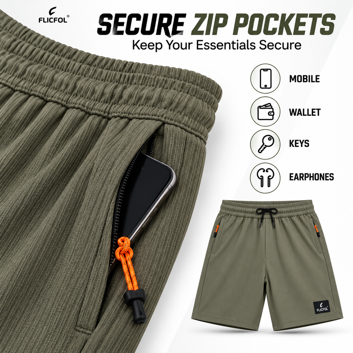 FLICFOL Men Lightgrey Shorts with Zipper Pockets
