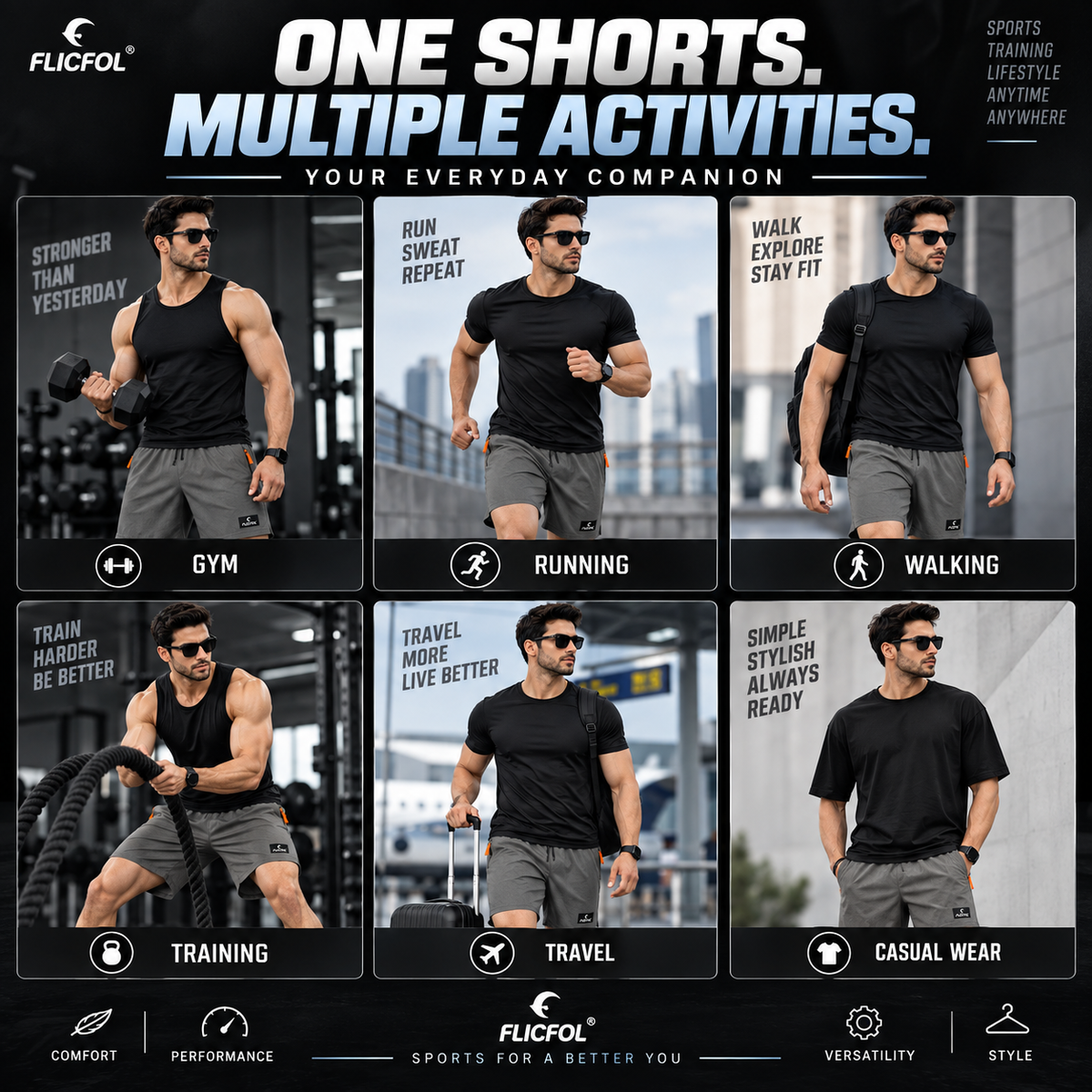FLICFOL Men Darkgrey Shorts with Zipper Pockets