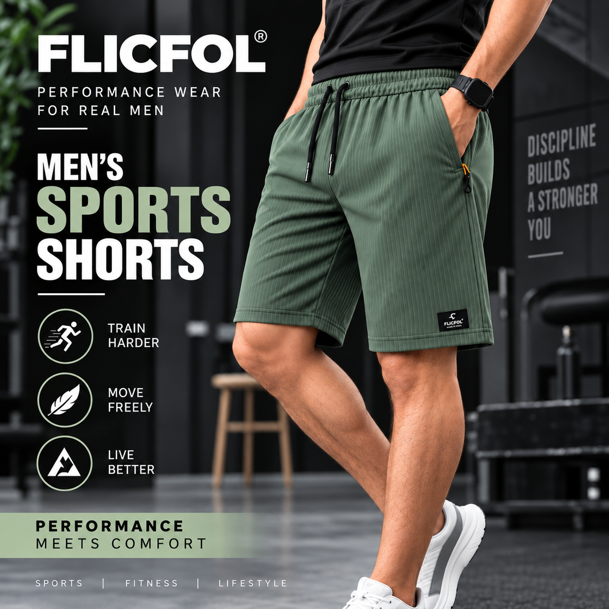 FLICFOL Men Olive Shorts with Zipper Pockets