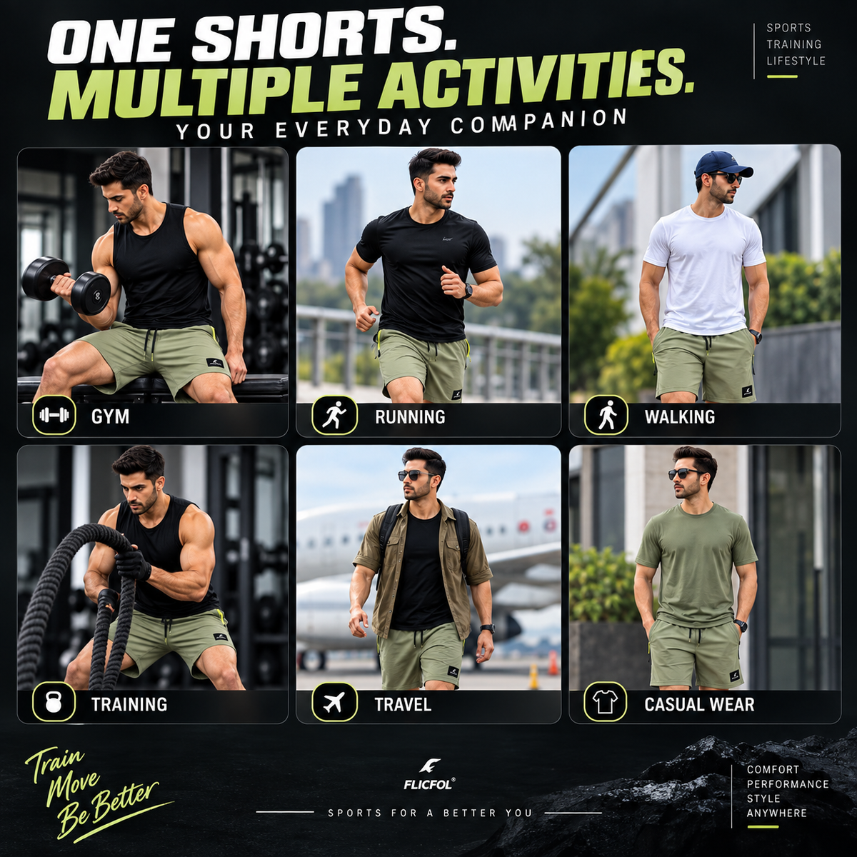 FLICFOL Men Pista Shorts with Zipper Pockets